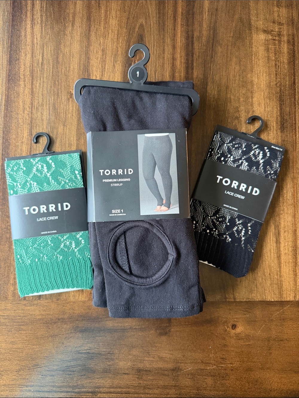 TORRID Women's Black Premium Legging Stirrup with Green & Black Lace Crew Socks